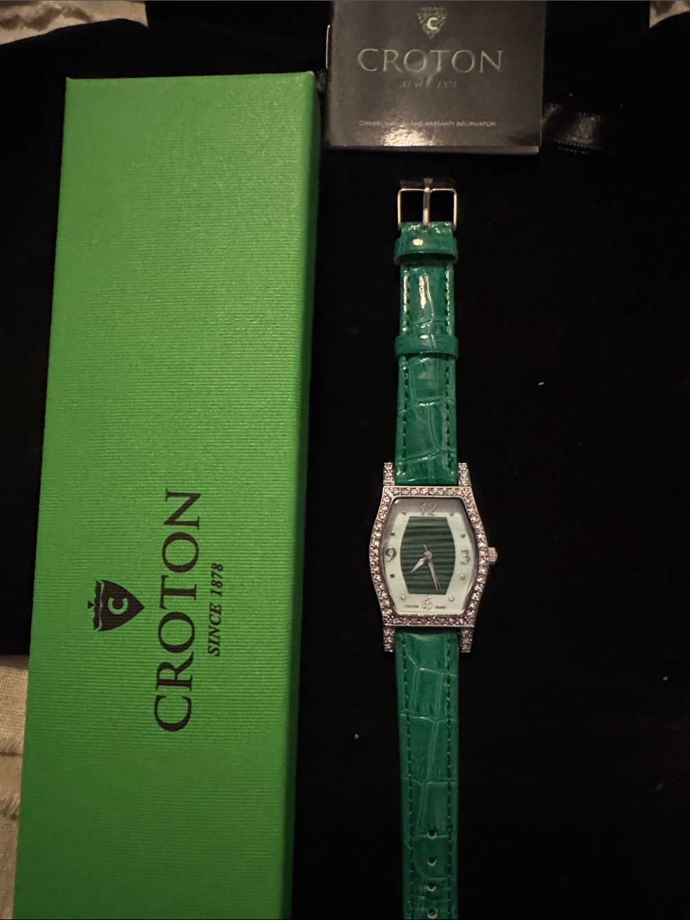 Croton Green Leather Strap Crystal Accent Women's Watch